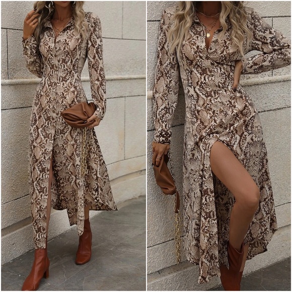 BellanBlue Dresses & Skirts - Luxe Snakeskin Print Button up Long Sleeve Dress